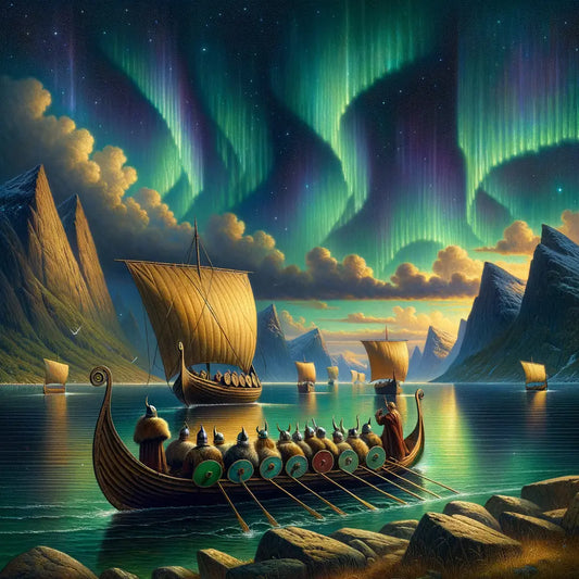 Viking longships under the Northern Lights in a serene Scandinavian landscape, reminiscent of 1960s historical epics.