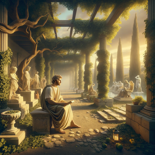 A Roman philosopher in a toga writing on a scroll in a tranquil garden, evoking a 1960s historical film style of peaceful reflection amidst ancient decor.