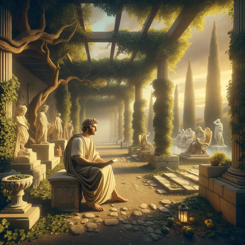A Roman philosopher in a toga writing on a scroll in a tranquil garden, evoking a 1960s historical film style of peaceful reflection amidst ancient decor.