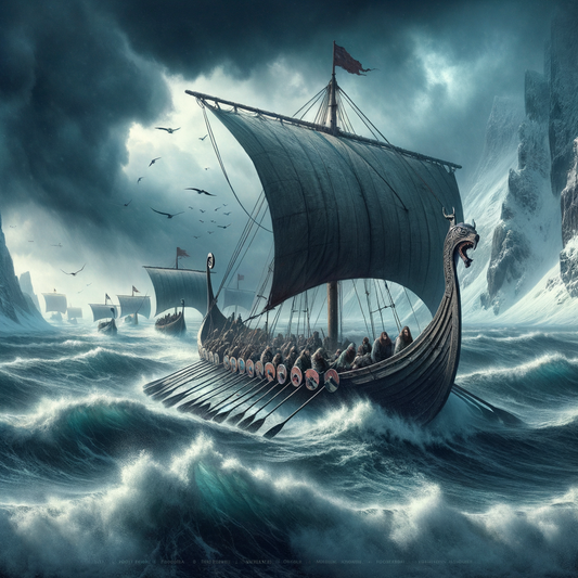 Viking longship battling stormy northern seas, symbolizing Viking spirit.