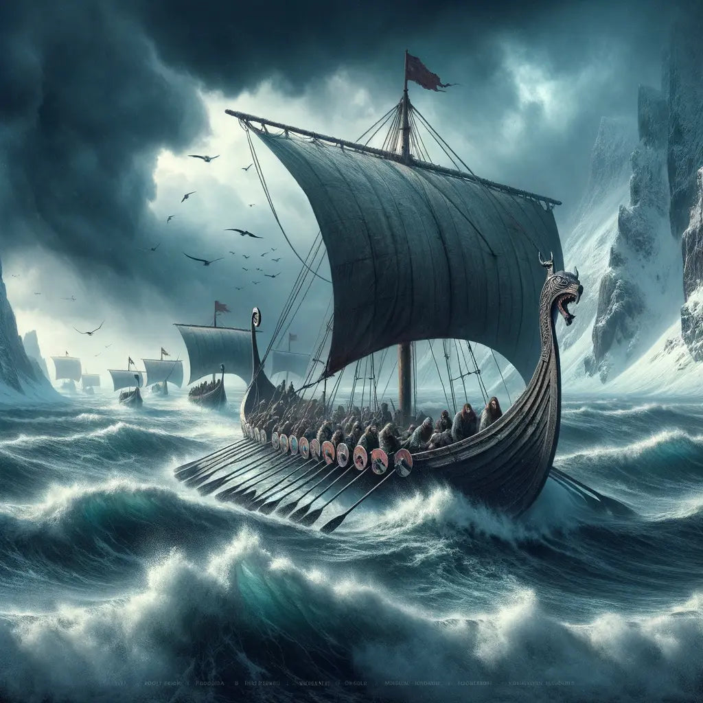 Viking longship battling stormy northern seas, symbolizing Viking spirit.