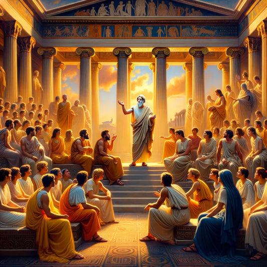 Zeno of Citium teaching under the Stoa Poikile in ancient Athens, surrounded by students and bathed in bright sunlight, styled like a 1960s historical epic.