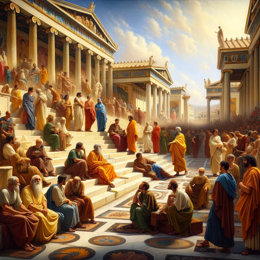 Ancient Athens market scene at Stoa Poikile with Zeno teaching, surrounded by a diverse crowd of philosophers, merchants, and citizens, in the style of 1960s historical epics.