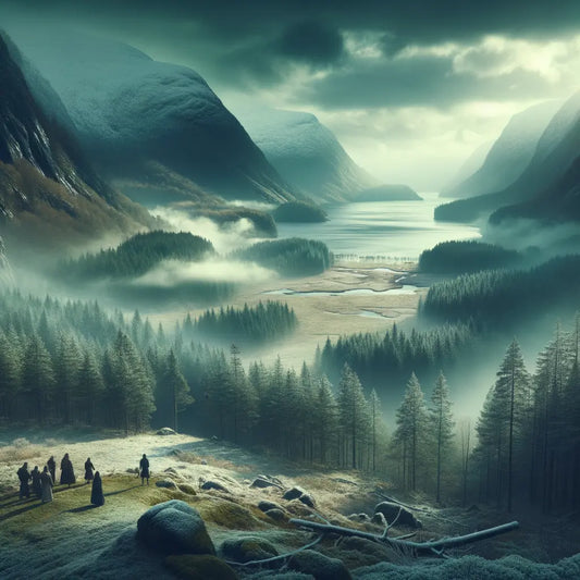 Visigoths amid a Scandinavian landscape of towering pine trees and icy fjords, evoking a sense of ancient mystery in a cinematic style reminiscent of 1960s epic films.
