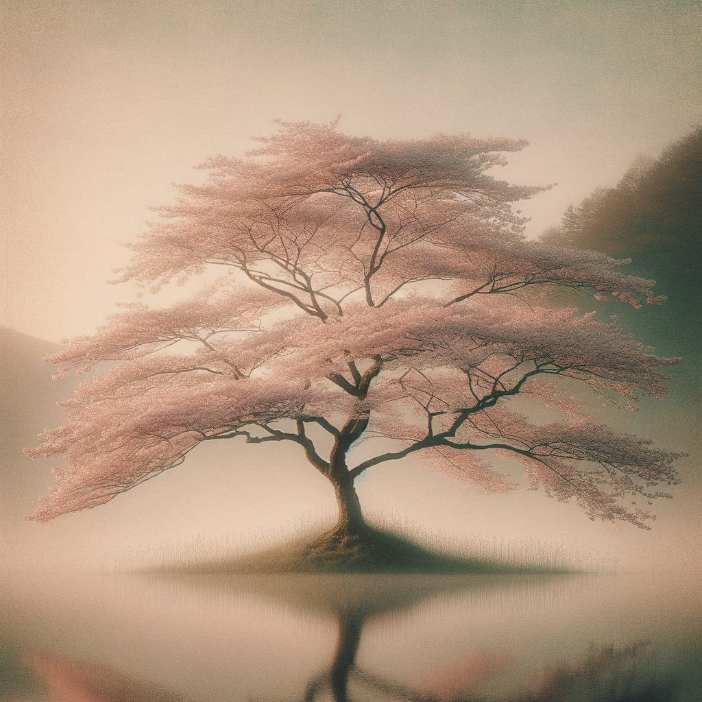 Ein blühender Kirschbaum in voller Pracht in einem ruhigen, natürlichen Hintergrund, der Reinheit und die vergängliche Schönheit des Lebens symbolisiert.