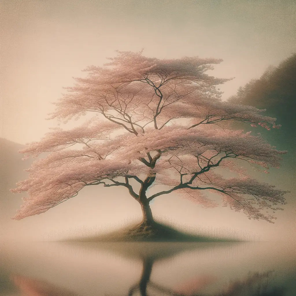 Ein blühender Kirschbaum in voller Pracht in einem ruhigen, natürlichen Hintergrund, der Reinheit und die vergängliche Schönheit des Lebens symbolisiert.