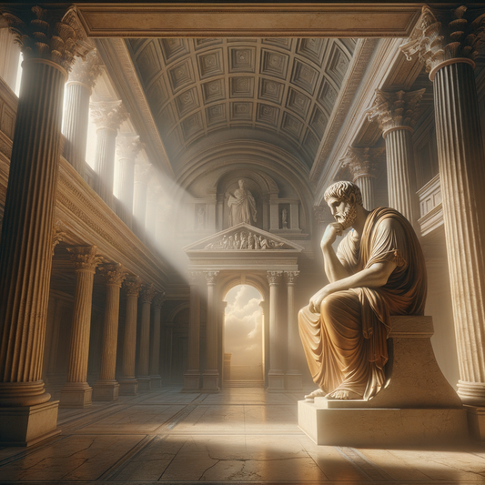 Serene statue of Seneca surrounded by classical Roman columns and arches, reflecting Stoic wisdom in the style of a 1960s historical epic film.
