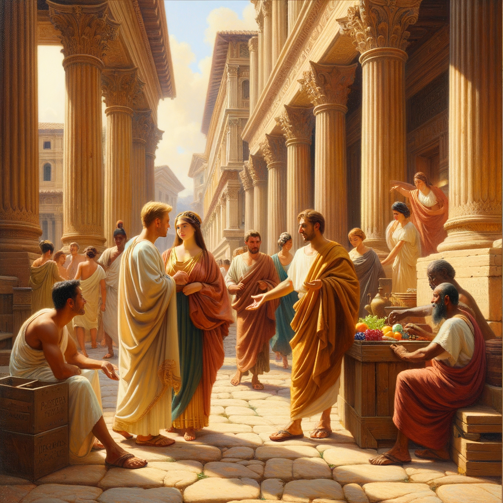 A lively ancient Roman street scene with patricians, plebeians, and slaves interacting against a backdrop of grand architecture, styled like a 1960s historical film.