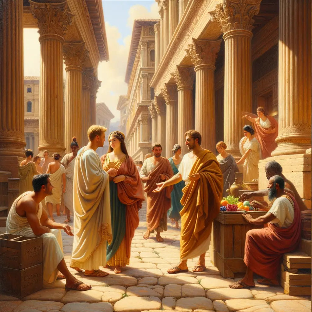 A lively ancient Roman street scene with patricians, plebeians, and slaves interacting against a backdrop of grand architecture, styled like a 1960s historical film.