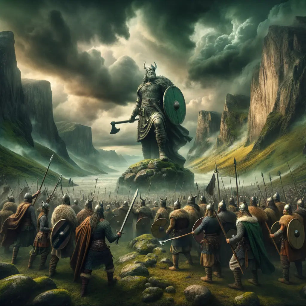 Statue of Viking warrior in battle-inspired setting with dramatic Nordic landscape.