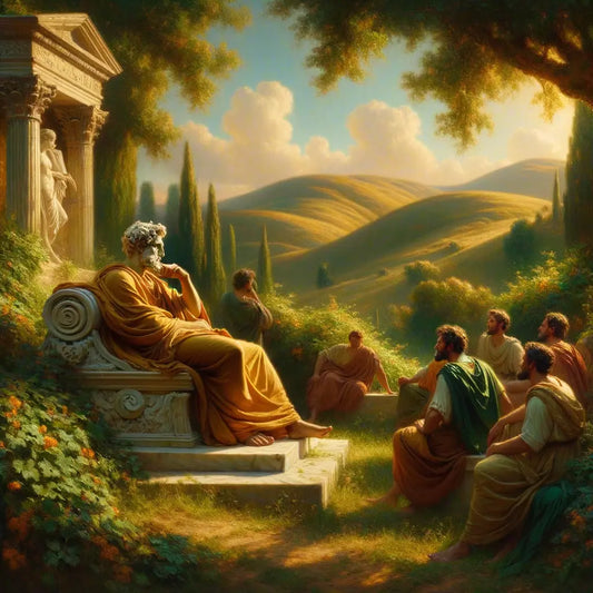 Emperor Marcus Aurelius in tranquil contemplation, surrounded by nature, inspired by 1960s historical film style.