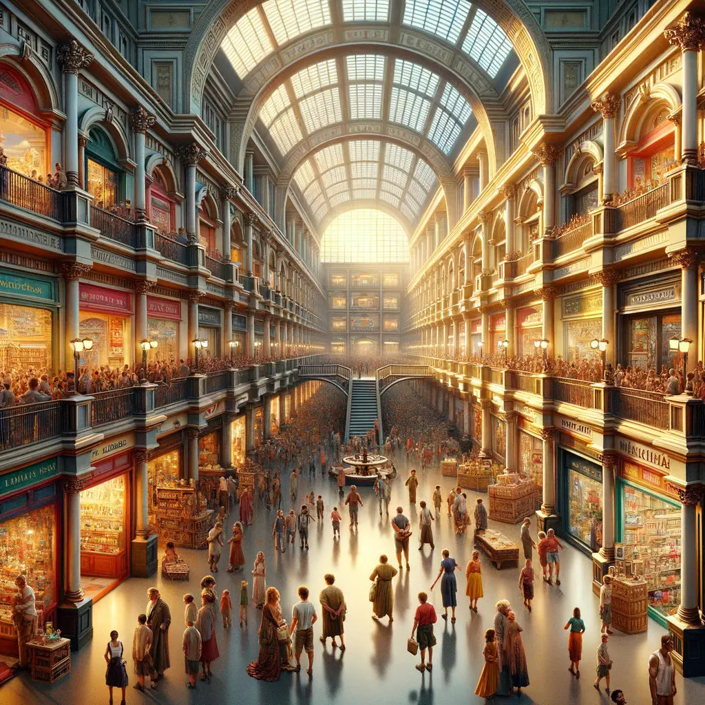 A vibrant and bustling scene at Jamaica Colosseum Mall with diverse shoppers and lively store displays, similar in style to classic 1960s historical films but in a modern setting.