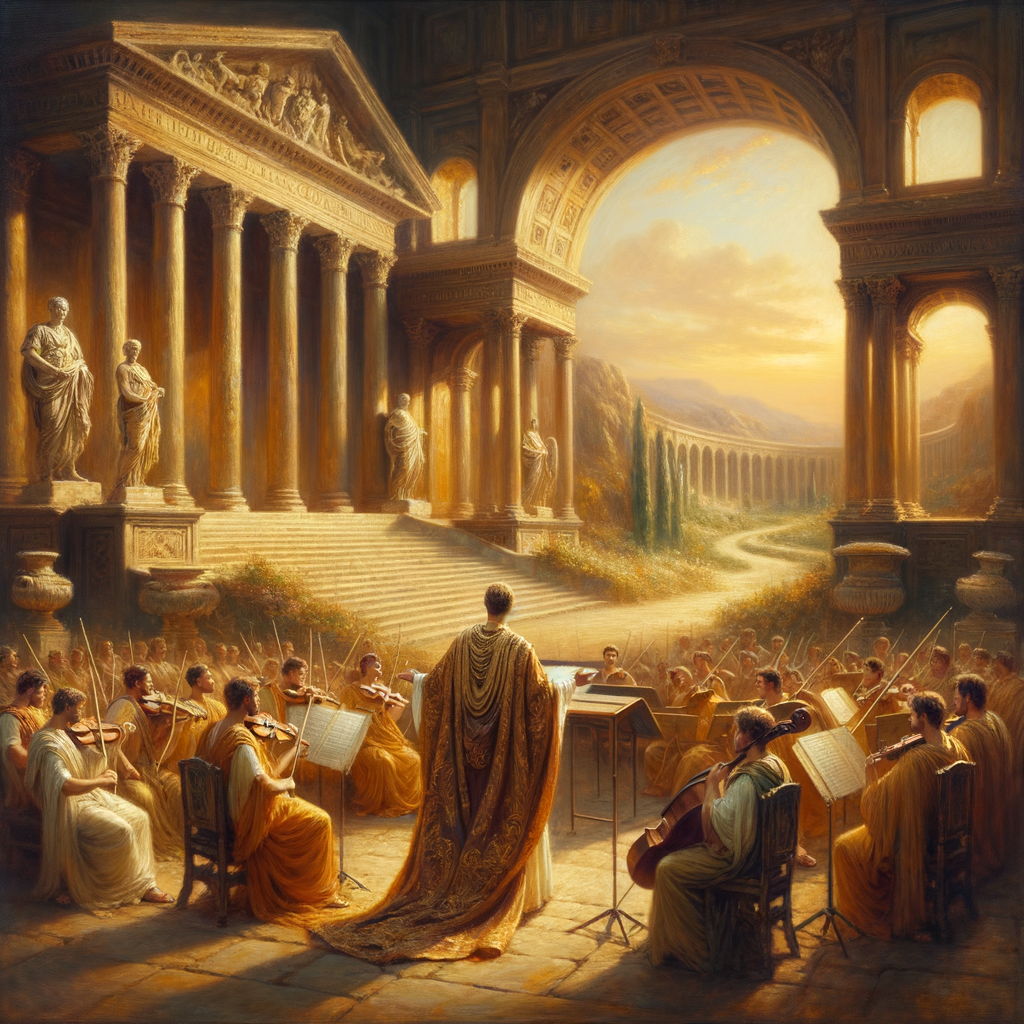 An ancient Roman emperor conducts an orchestra in a harmonious setting symbolizing Stoic wisdom, inspired by 1960s historical epics.