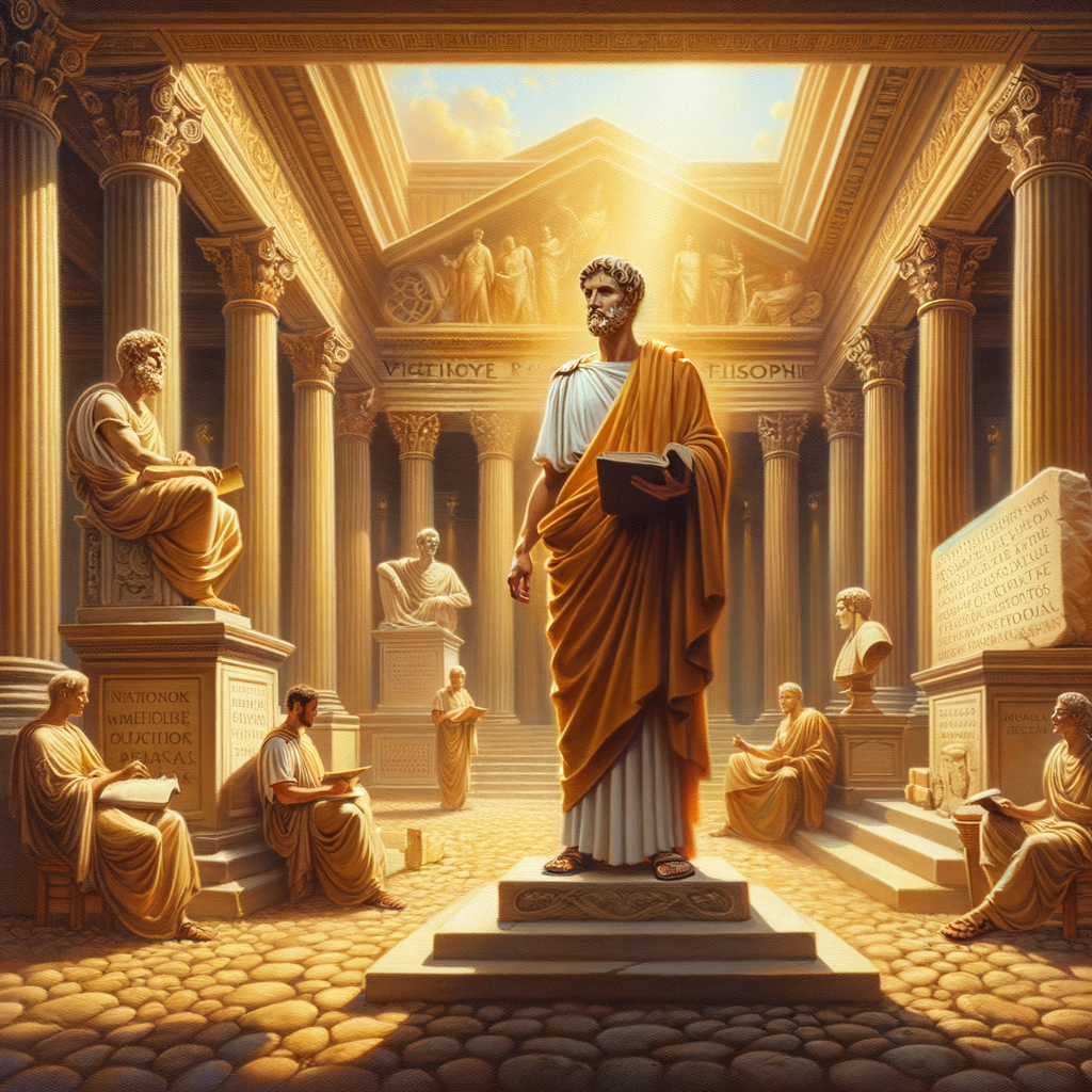 Roman Emperor Marcus Aurelius in a serene courtyard, surrounded by Stoic symbols and Roman cultural monuments, in the style of a 1960s historical epic.
