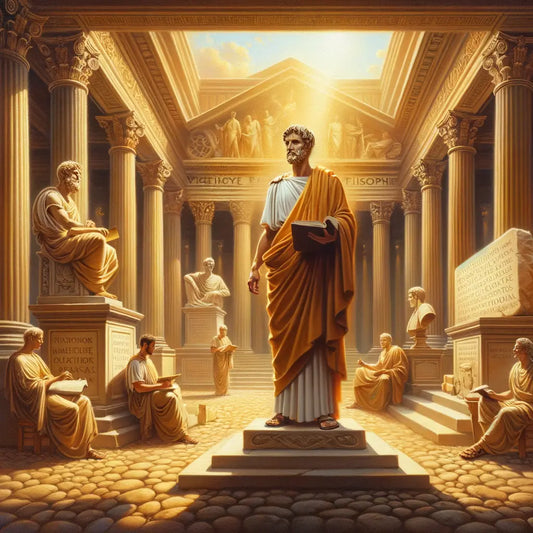 Roman Emperor Marcus Aurelius in a serene courtyard, surrounded by Stoic symbols and Roman cultural monuments, in the style of a 1960s historical epic.