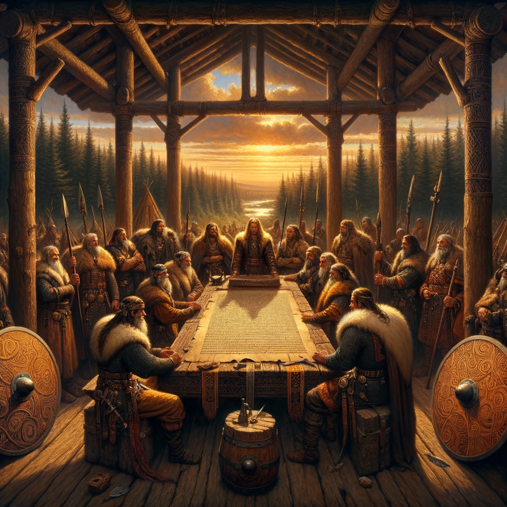 Ancient Germanic chieftains around a table with a Gothic manuscript, amid cultural symbols, in a scene inspired by 1960s historical epics.