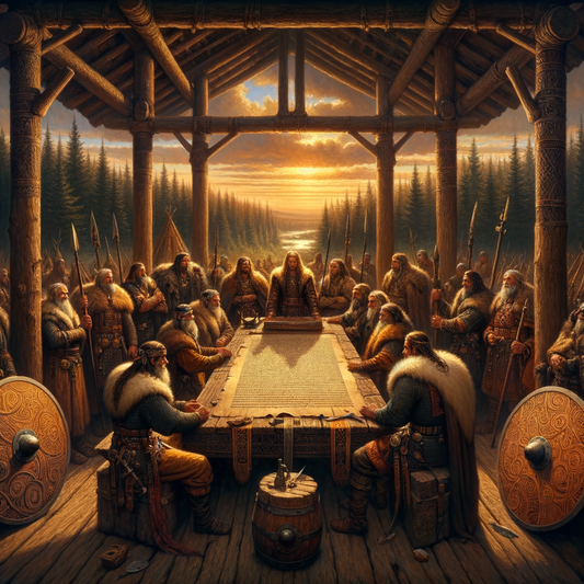 Ancient Germanic chieftains around a table with a Gothic manuscript, amid cultural symbols, in a scene inspired by 1960s historical epics.