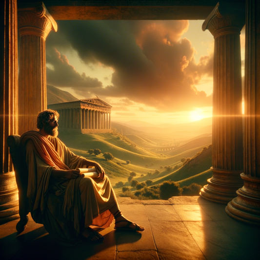 An ancient Greek philosopher in deep thought under a bright sky, embodying the intellectual tradition of Epicurean and Stoic philosophies, styled like a 1960s historical epic.