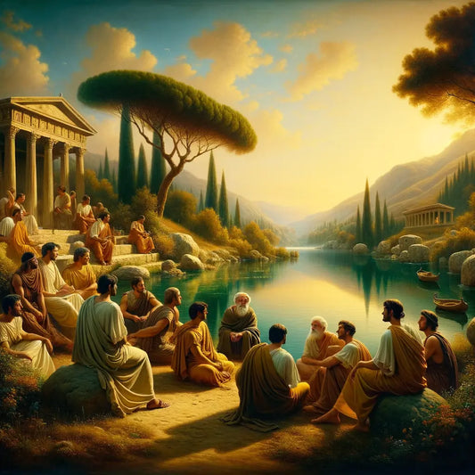 Serene lake with figures in togas, reflecting Stoic harmony, in a style reminiscent of 1960s Roman historical epics.