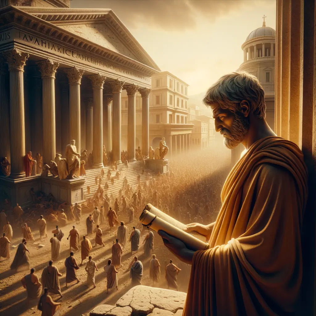 A calm Stoic philosopher amidst a chaotic Roman forum scene, embodying tranquility and wisdom in the style of classic 1960s historical films.