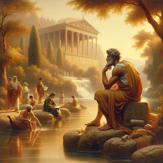 A serene river metaphorically illustrating stoic philosophy with a philosopher on a riverbank, inspired by 1960s historical film style.
