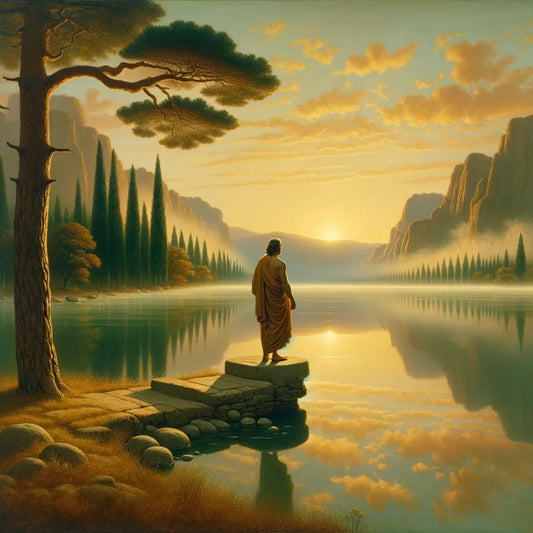 Roman philosopher in a toga by a serene lake, symbolic of Stoic calmness, in a style reminiscent of 1960s historical films.