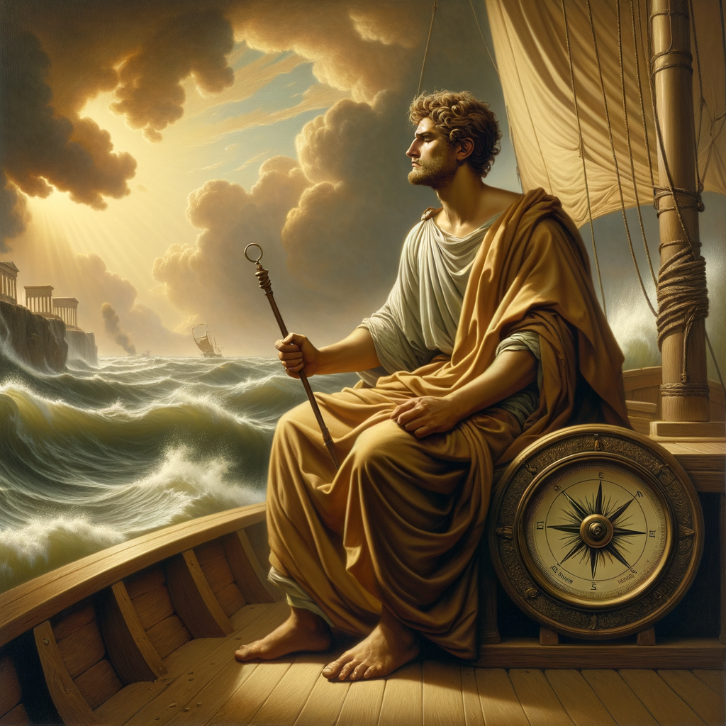 A Roman philosopher in a toga, composed amidst stormy seas with a compass, symbolizing emotional regulation and wisdom, styled like a 1960s historical epic.