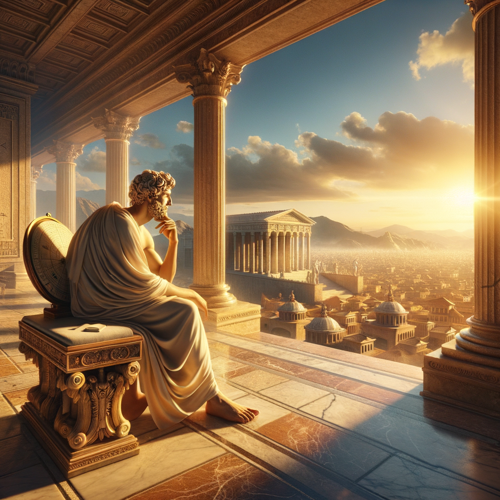 An ancient Greek or Roman philosopher in a toga contemplating the universe, seated on a marble terrace with cityscape in the background, inspired by classic 1960s historical epic films.