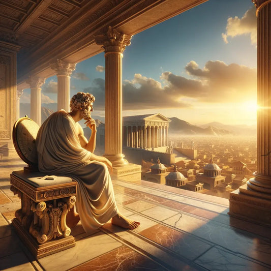 An ancient Greek or Roman philosopher in a toga contemplating the universe, seated on a marble terrace with cityscape in the background, inspired by classic 1960s historical epic films.