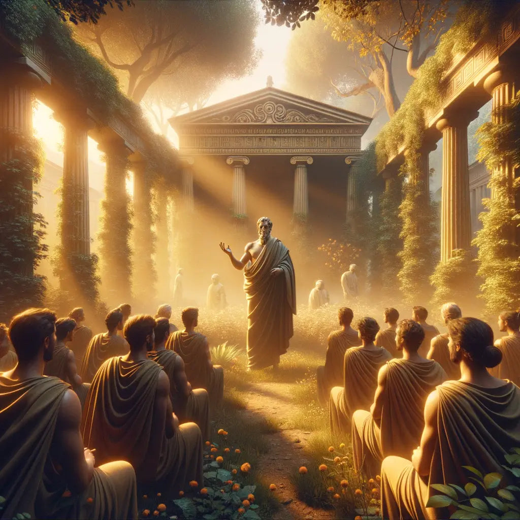 Zeno of Citium lecturing to students in a tranquil ancient Greek garden setting, resembling a 1960s historical epic film.