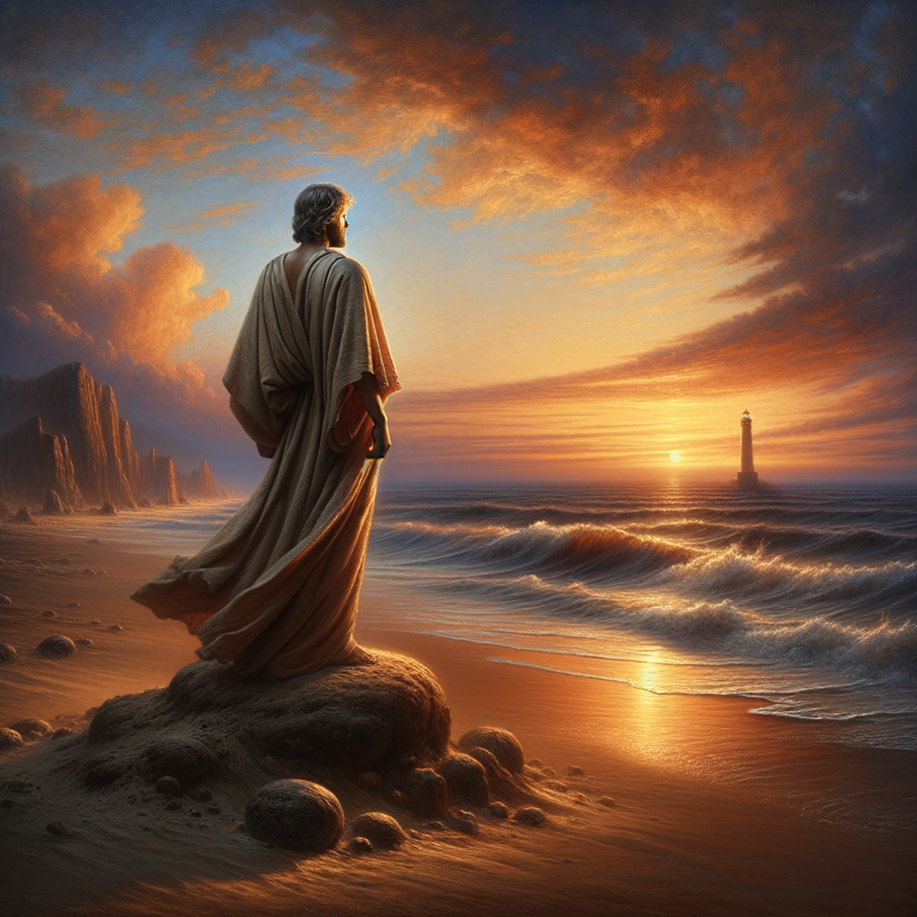 A stoic philosopher on a sunset beach with ocean waves and a distant lighthouse, in a style inspired by 1960s historical films.