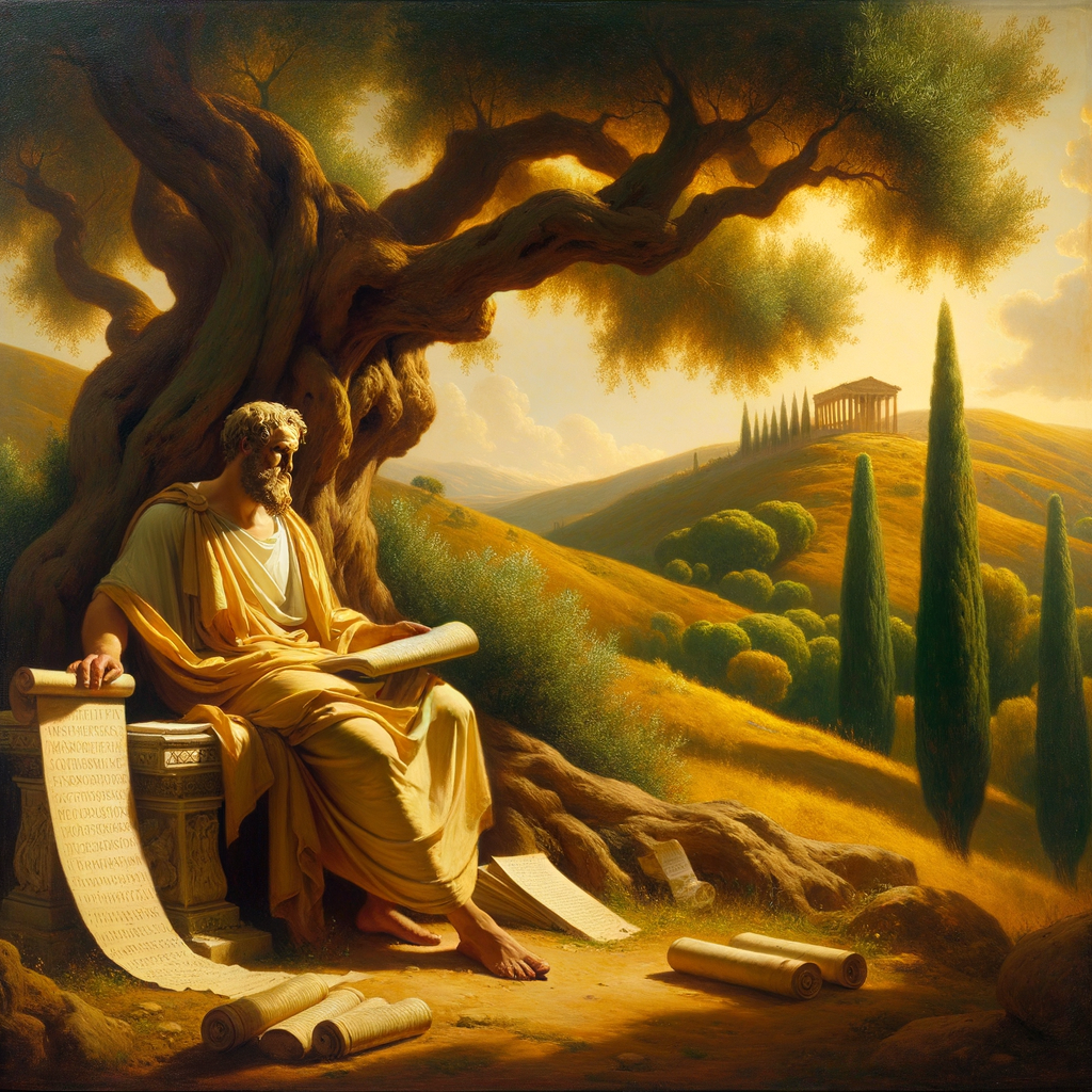A Roman philosopher in contemplation under an olive tree in an ancient natural landscape, inspired by 1960s historical film styles.