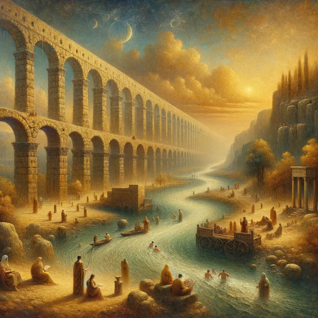 Serene Roman river flowing around ancient structures, symbolizing Stoic resilience and unity, with meditative figures in togas on the banks.