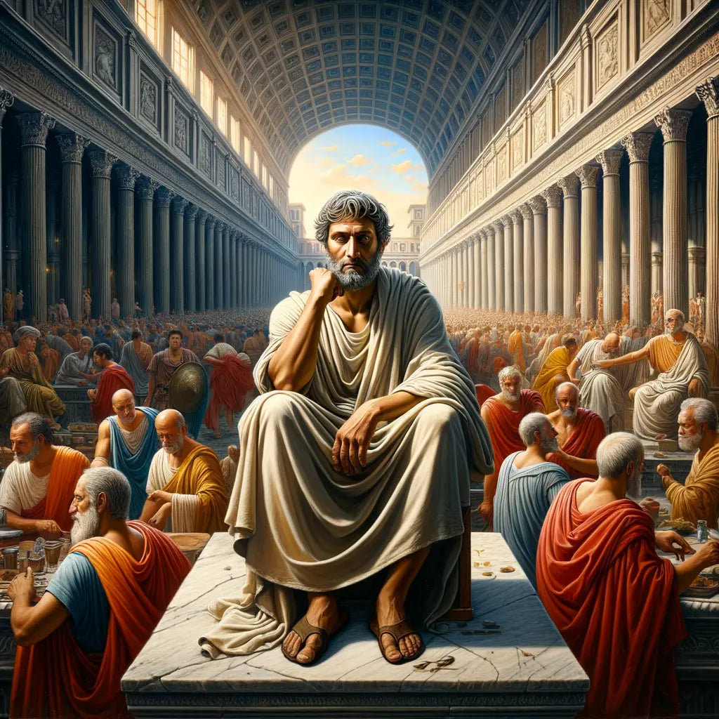 A serene Roman philosopher stands calmly amidst chaotic scenes in a bustling forum, embodying stoic wisdom, in a style inspired by 1960s historical epic films.