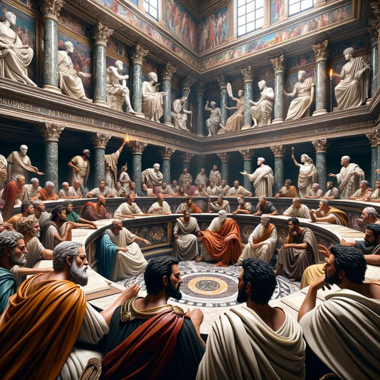 Roman senators engaged in a heated discussion in a magnificent historical setting.