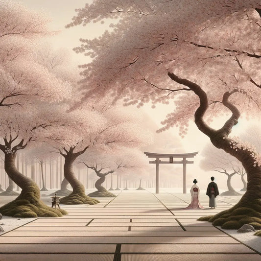 Ein minimalistisches hanami-Szenario unter blühenden Sakurabäumen mit sanft fallenden Blütenblättern, ruhige Figuren in traditioneller Kleidung auf Tatami-Matten sitzend — gelassen und kulturell inspiriert.
