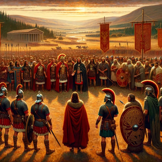 A Roman general and a Celtic chieftain stand together in an expansive Gaul landscape, signifying cultural exchange during Rome's expansion into ancient Gaul, styled after 1960s historical epics.