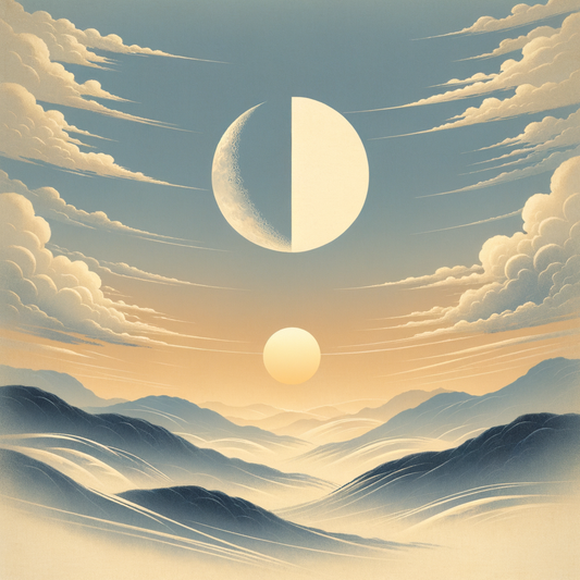 Ein minimalistisches Kunstwerk zeigt die harmonische Balance von Sonne und Mond in einem japanischen Stil, mit sanften Farbtönen in Gold und Silber. Ruhig und kontemplativ.