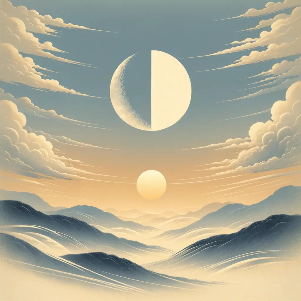 Ein minimalistisches Kunstwerk zeigt die harmonische Balance von Sonne und Mond in einem japanischen Stil, mit sanften Farbtönen in Gold und Silber. Ruhig und kontemplativ.