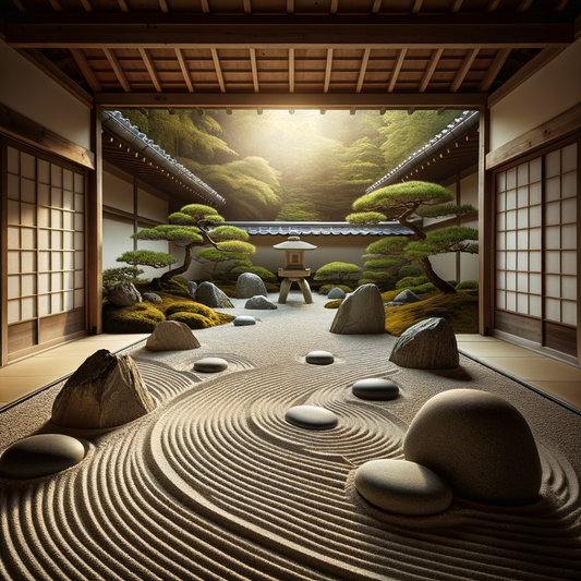 A peaceful zen garden in Japan with sand patterns and wooden lanterns
