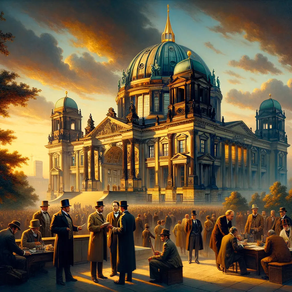 Reichstag building in Berlin bathed in late afternoon light, symbolizing Germany's history and democracy, captured in a cinematic 1960s style scene.