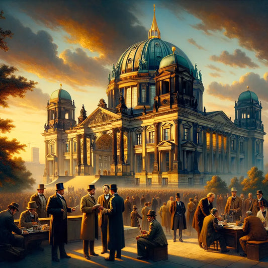 Reichstag building in Berlin bathed in late afternoon light, symbolizing Germany's history and democracy, captured in a cinematic 1960s style scene.