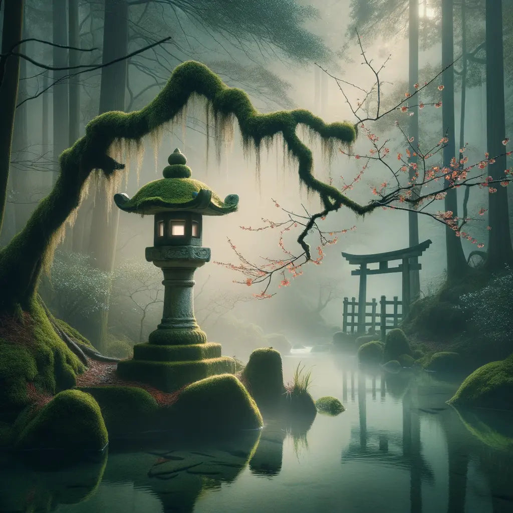 Ein minimalistisches Bild zeigt eine alte, von Nebel verhüllte japanische Landschaft mit einem Moos bedeckten Steinlaternen und einem Bach, der von Kirschblüten überspannt wird, als Symbol für den Frieden der Natur.