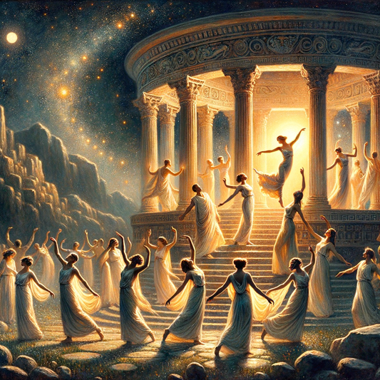 Ancient Greek figures performing a cosmic dance under a starry sky, symbolizing universal harmony, with marble temples and hills in the background, inspired by 1960s historical epics.