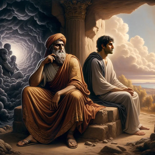 A stoic philosopher and a Christian figure in meditation set before contrasting storm clouds and serene landscapes, in the style of a 1960s historical epic painting.