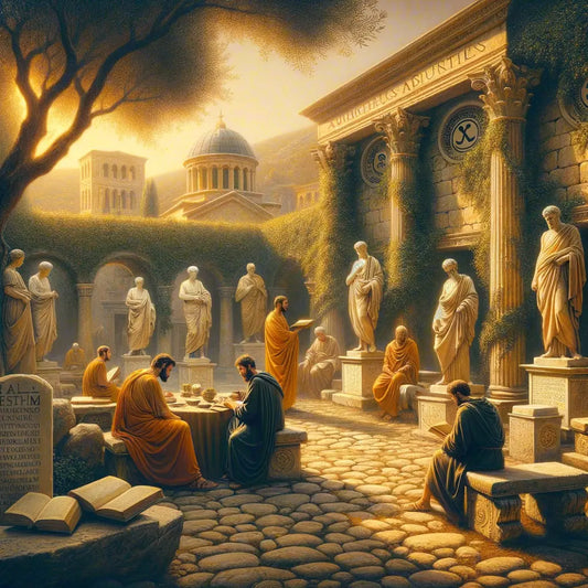 Ancient Roman philosophers and early Christian monks in a serene courtyard setting, symbolizing the blend of Stoic and Christian philosophies, in a 1960s epic film style.