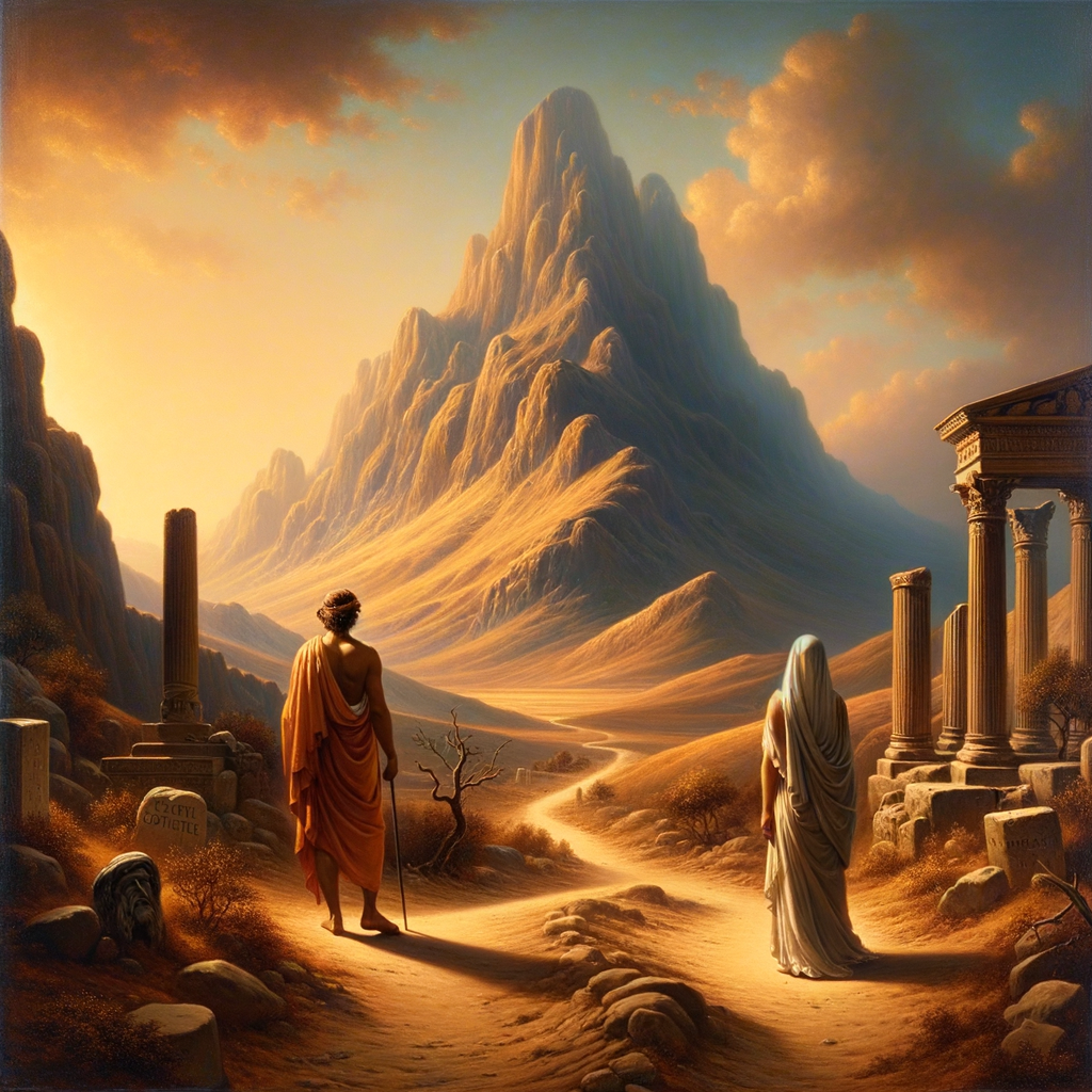 Serene landscape with two paths leading to a majestic mountain, representing Stoicism and Christianity, painted in the style of 1960s historical films.