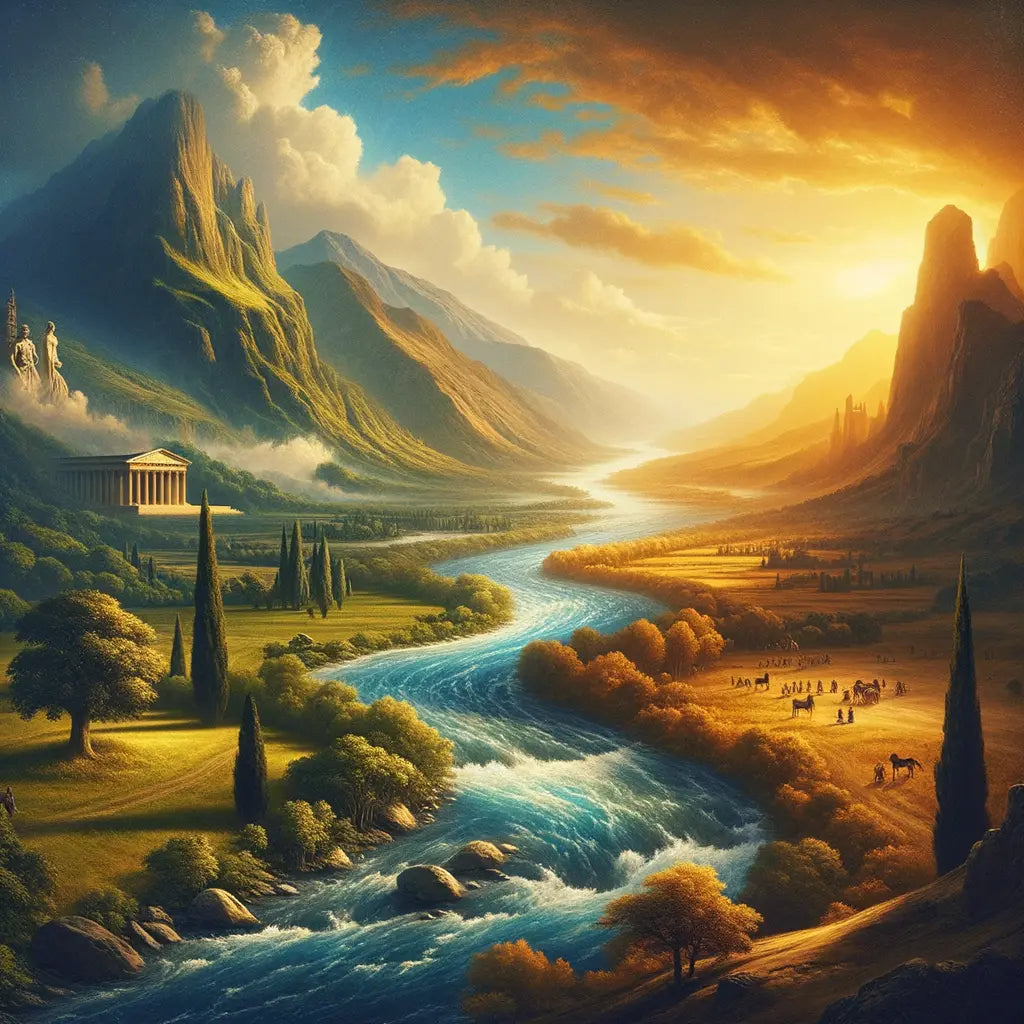 Two rivers representing Stoicism and Christianity flow side by side, merging peacefully in a landscape inspired by 1960s historical epic films.