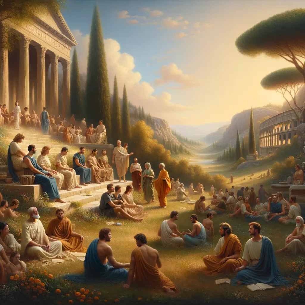 Diverse figures in togas meditating in a serene Roman landscape, inspired by Stoic philosophy and classic historical films of the 1960s.