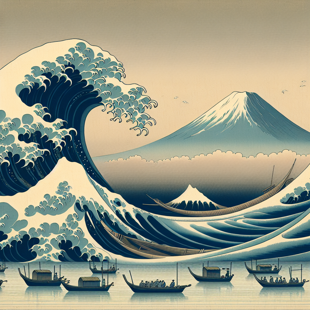 A dramatic ocean wave curling over small traditional Japanese fishing boats with Mount Fuji calmly visible in the distance, in a minimalist ukiyo-e inspired style emphasizing balance and serenity.